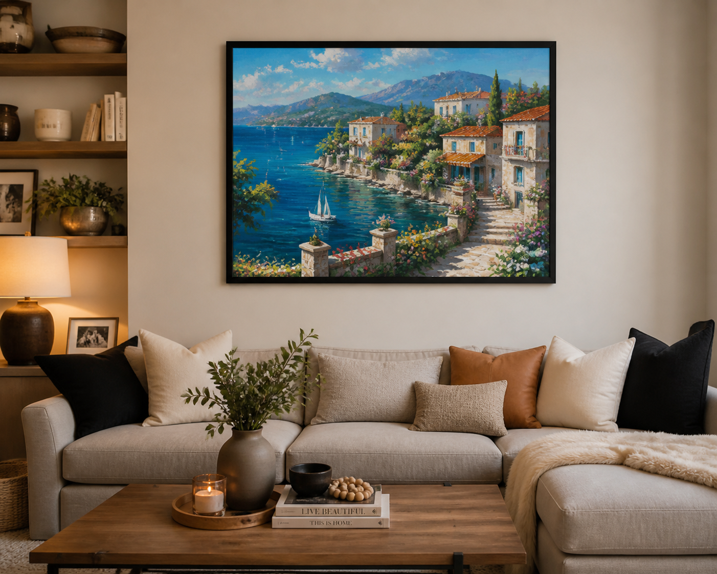 A finished paint by numbers artwork framed and displayed on a living room wall