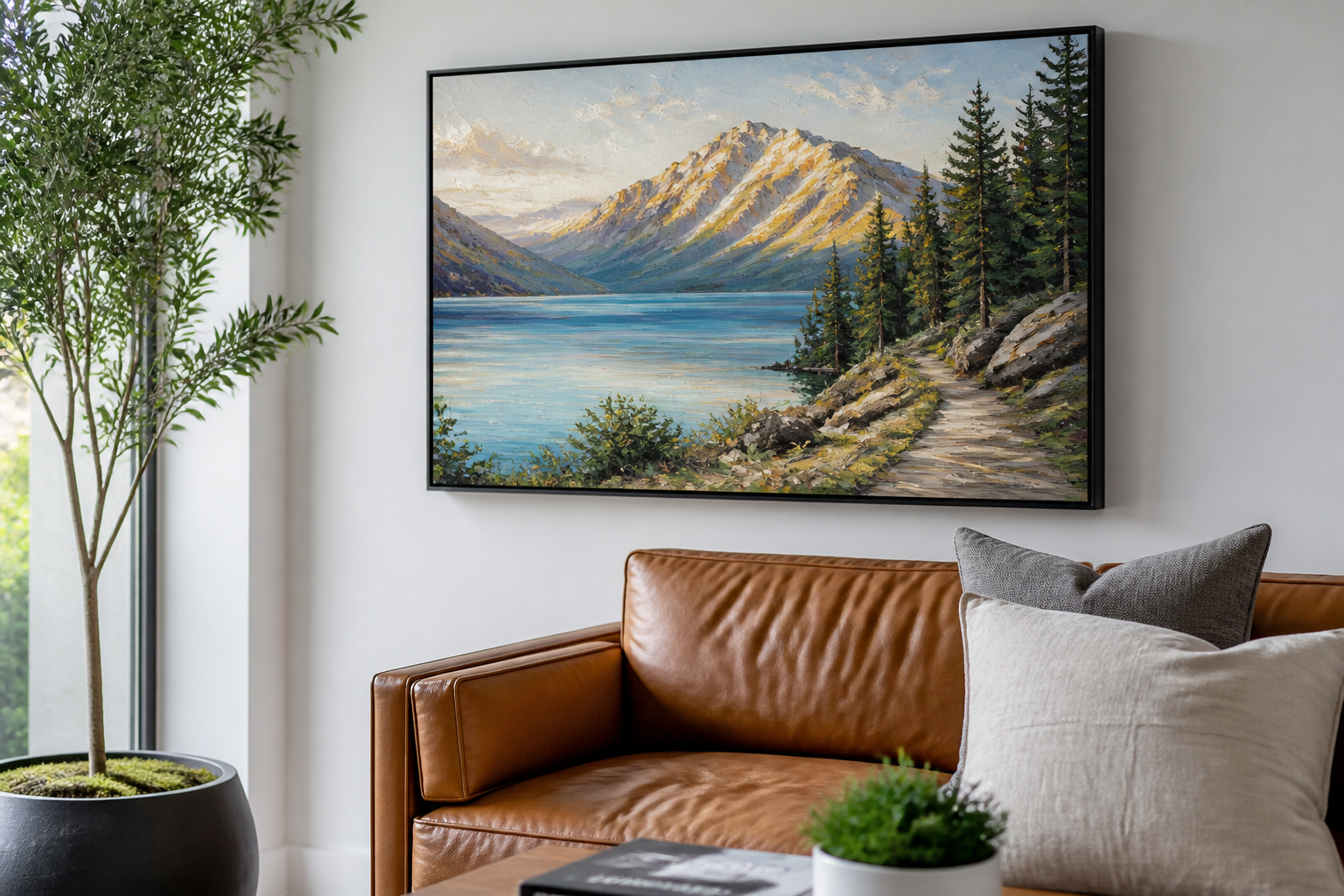 A fully painted custom canvas art piece displayed in a modern frame on a living room wall