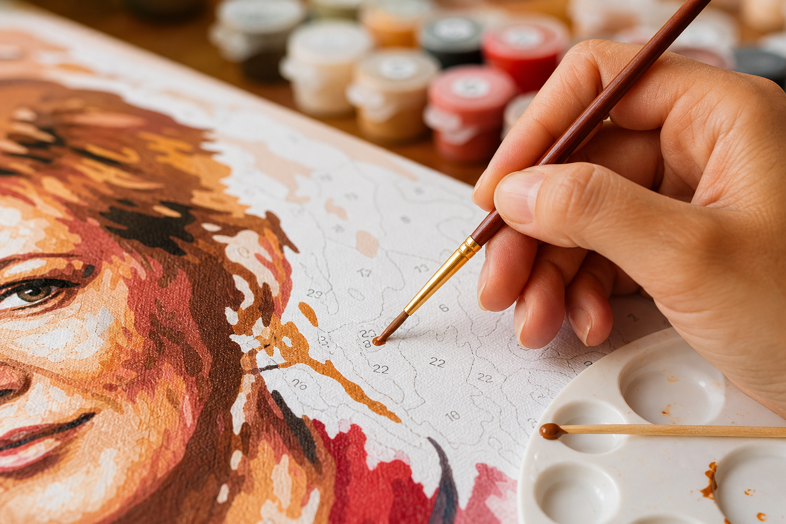 Gros plan d'une main peignant une section détaillée d'une toile de peinture par numéros personnalisée avec un pinceau fin