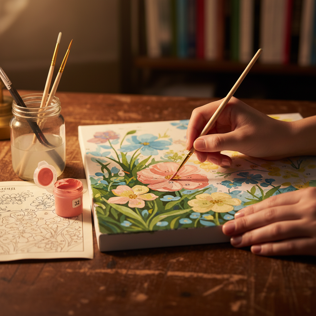 Close-up of hands carefully painting a numbered section of a floral paint by numbers canvas with fine brushes and paint pots on a wooden desk
