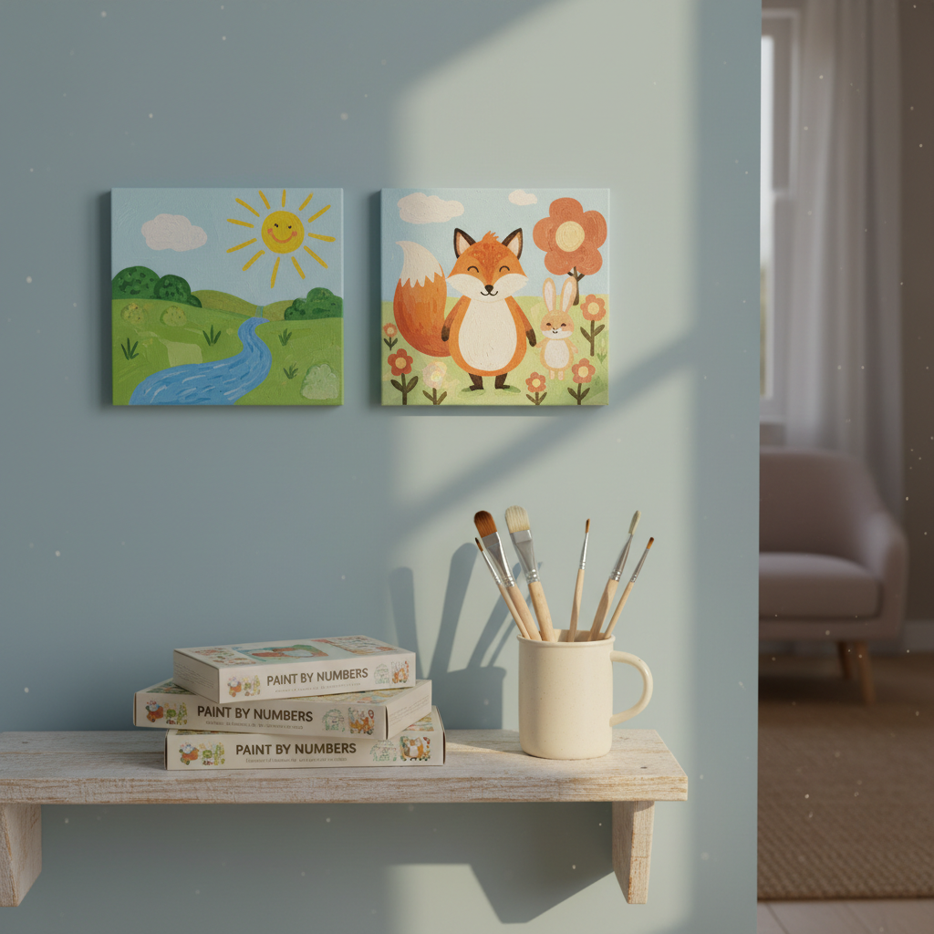 Deux toiles de peinture par numéros encadrées et exposées sur le mur d'une chambre d'enfant, avec de nouveaux kits de peinture par numéros qui attendent sur une étagère en dessous