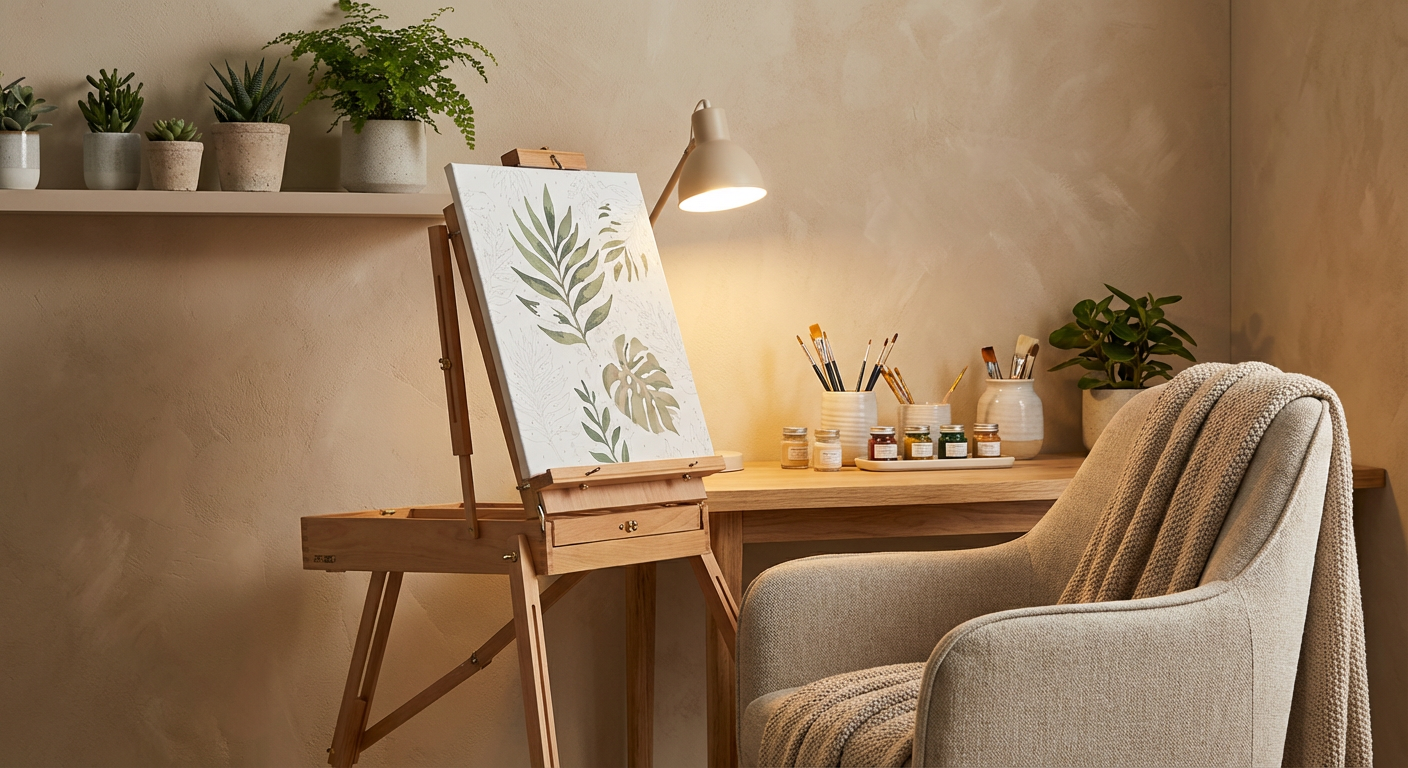 A well-organized and calming paint by numbers workspace with proper lighting, comfortable seating, and minimal distractions