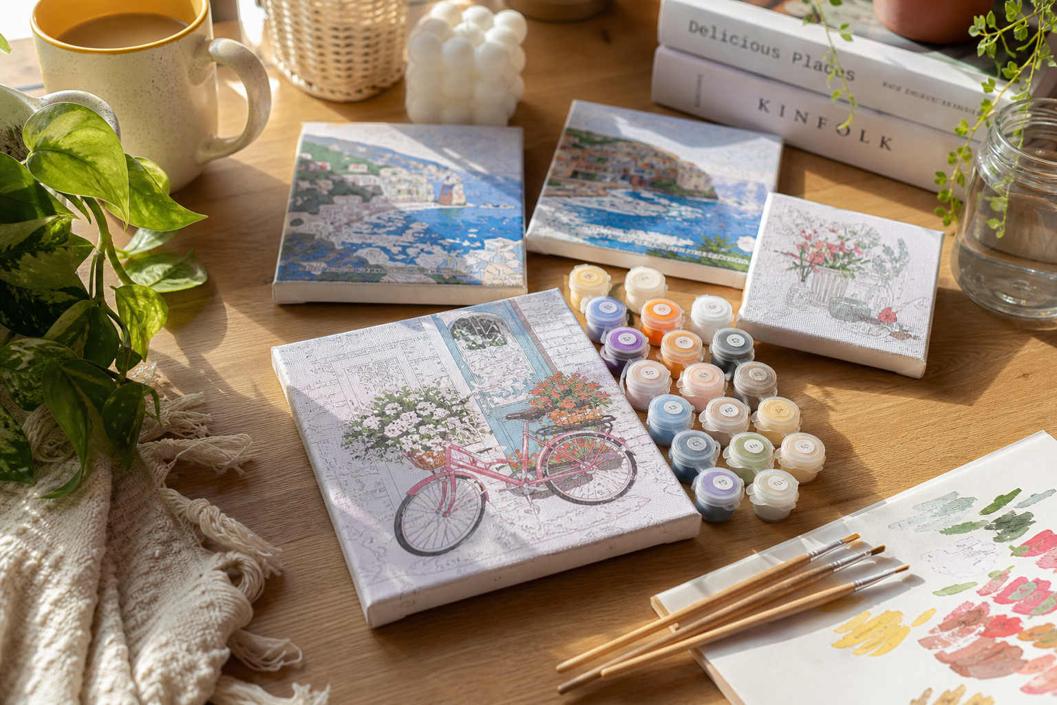 Mini paint by numbers kits with small canvases, paint pots, and brushes on a sunny desk