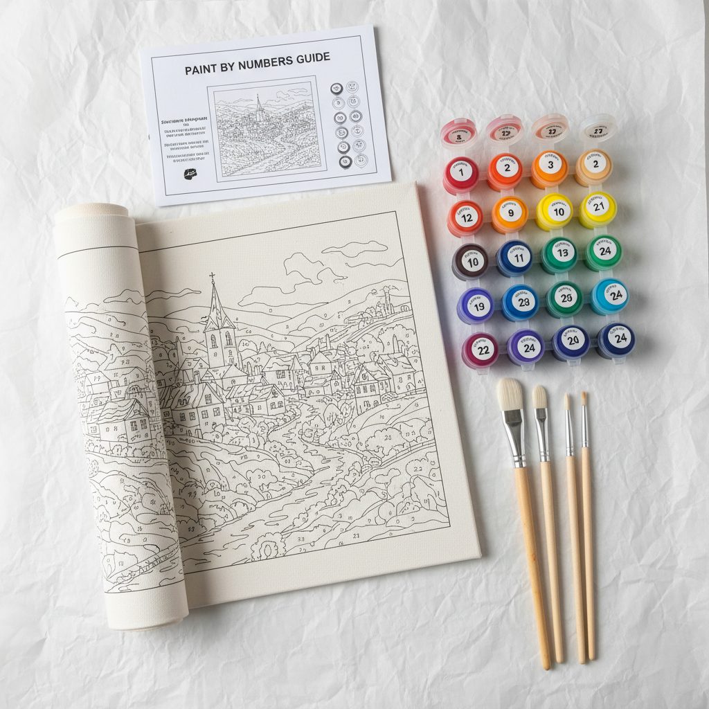 Un kit de peinture par numéros déballé présenté à plat, montrant une toile numérotée, des pots de peinture acrylique étiquetés et des pinceaux de différentes tailles