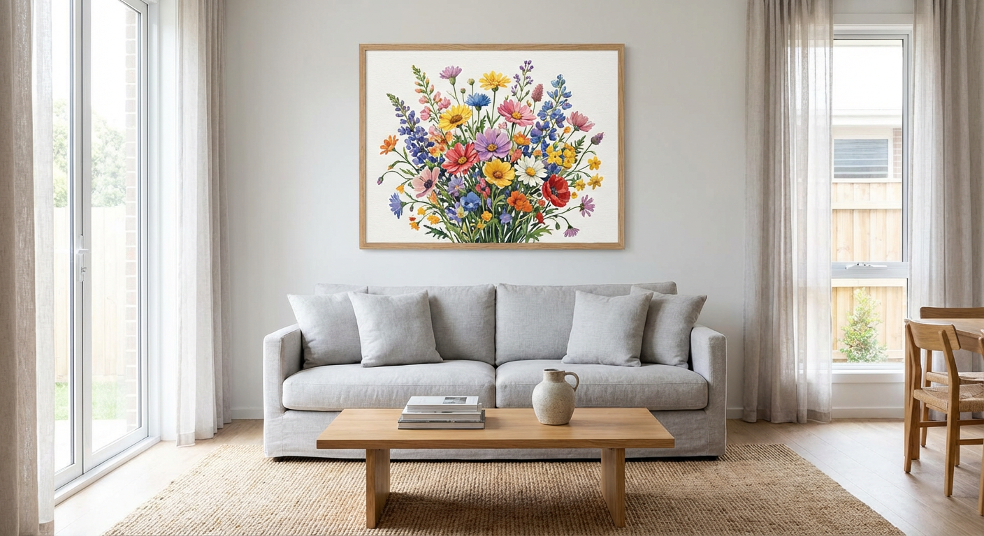 Finished and framed paint by numbers artwork displayed in a modern living room