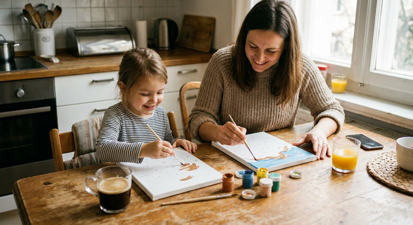 A parent and child enjoying paint by numbers together