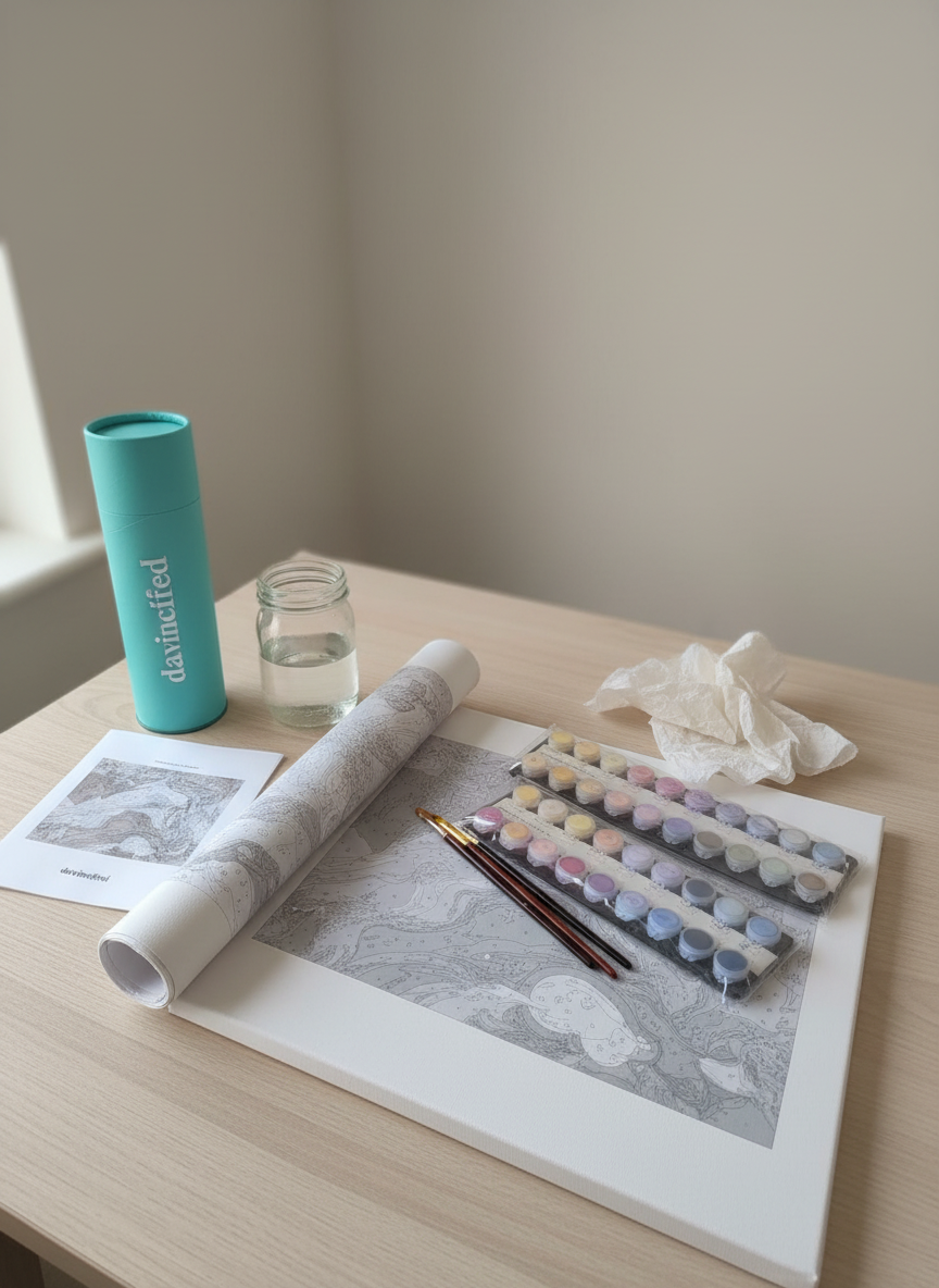 Paint by numbers kit supplies arranged neatly on a table with protective tube packaging.