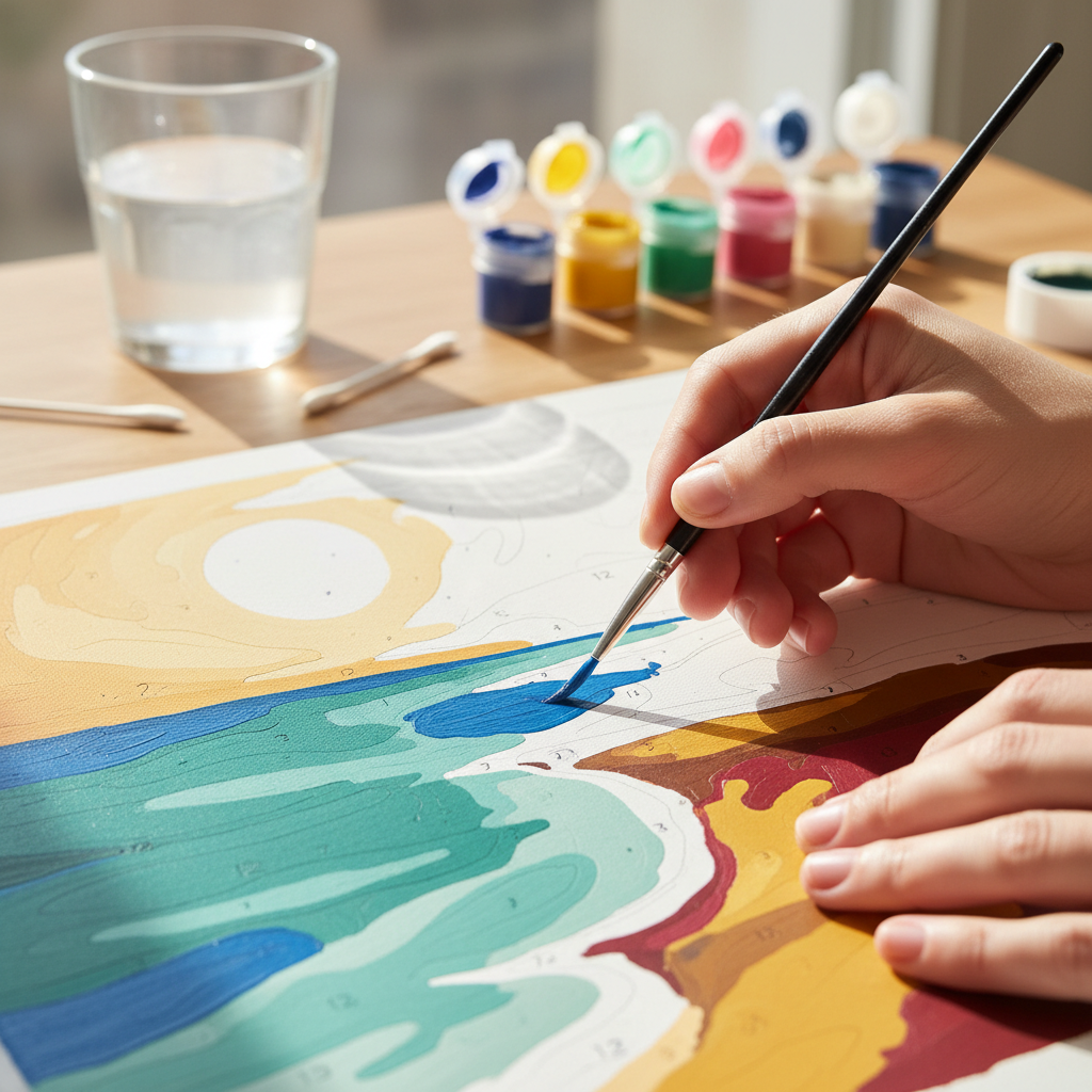 Close-up of someone using a fine brush on a paint by numbers canvas for detailed sections.