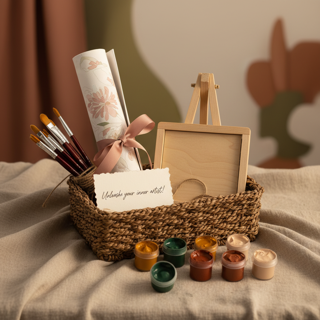 A curated creative gift hamper containing a paint by numbers canvas, brushes, a mini easel, paint pots, and a handwritten note card