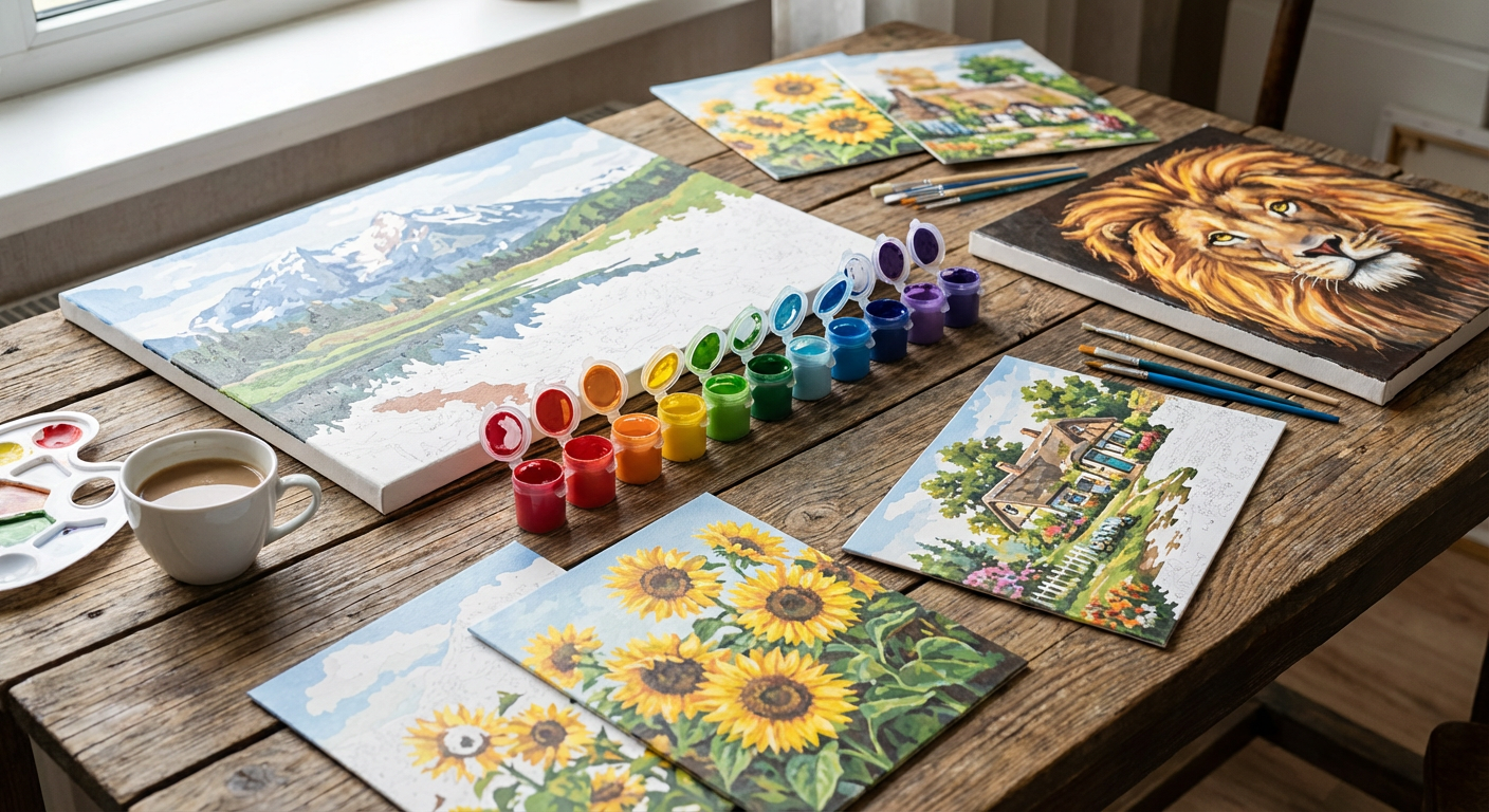 Diverse selection of paint by numbers kits for different interests
