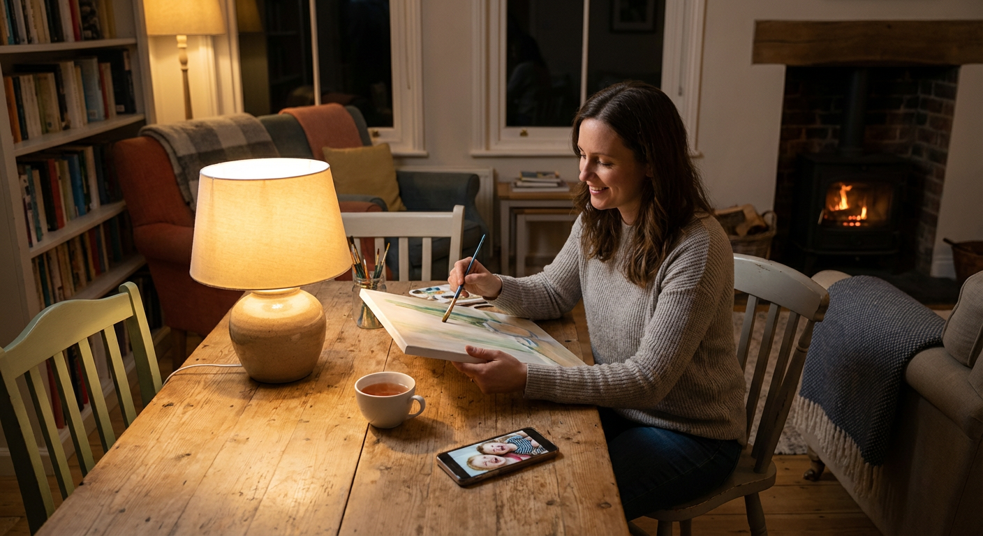 A mother relaxing in the evening painting a custom paint by number kit based on a family photo