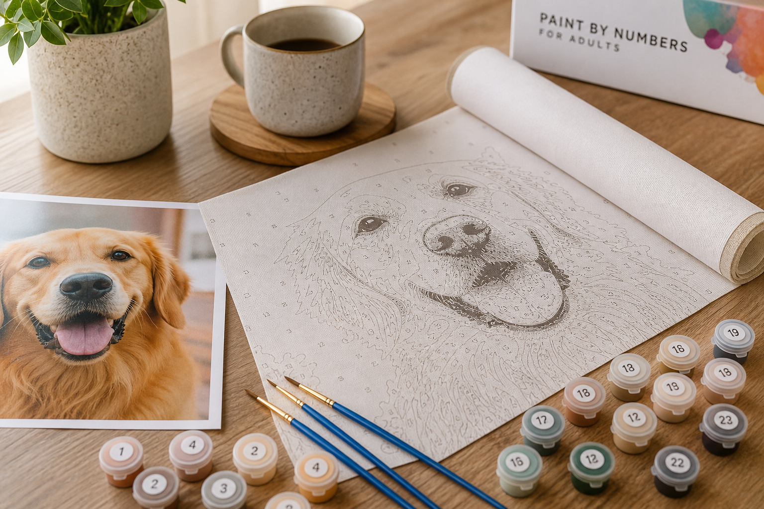 Kit de peinture par numéros personnalisé avec toile, peintures, pinceaux et une photo de référence d'un animal de compagnie disposés sur une table en bois