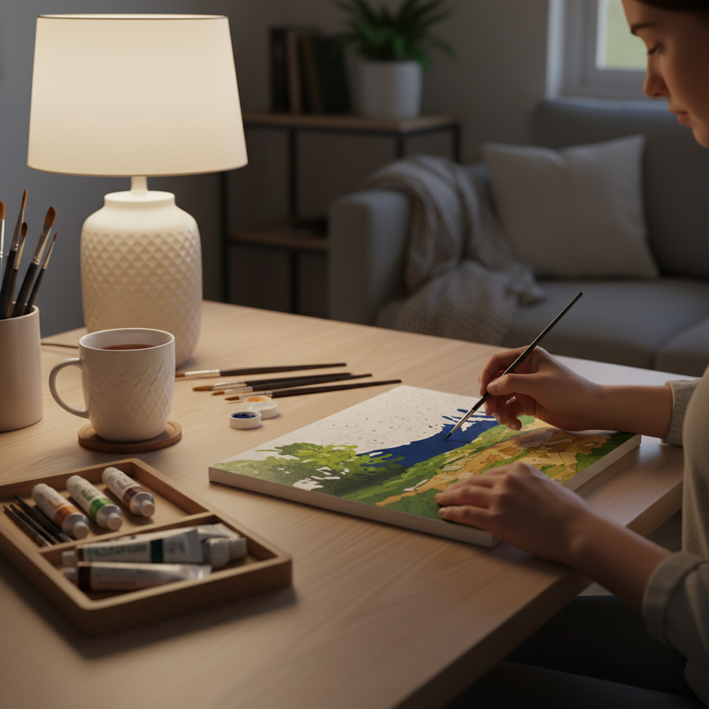 Person painting a paint by numbers canvas at home in a calm evening setting.