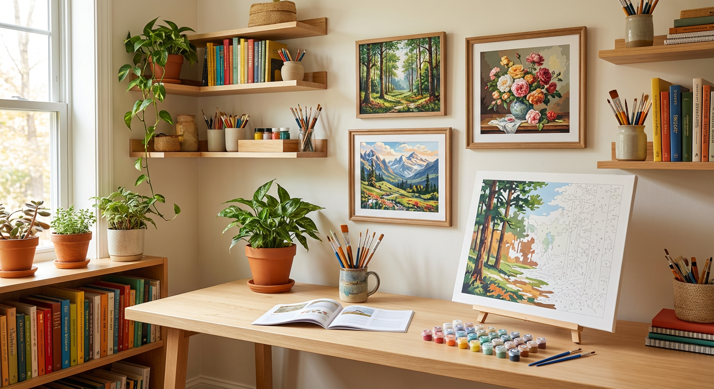 Организованное учебное рабочее место с завершёнными работами по рисованию по номерам и учебными материалами, демонстрирующее структурированное художественное образование