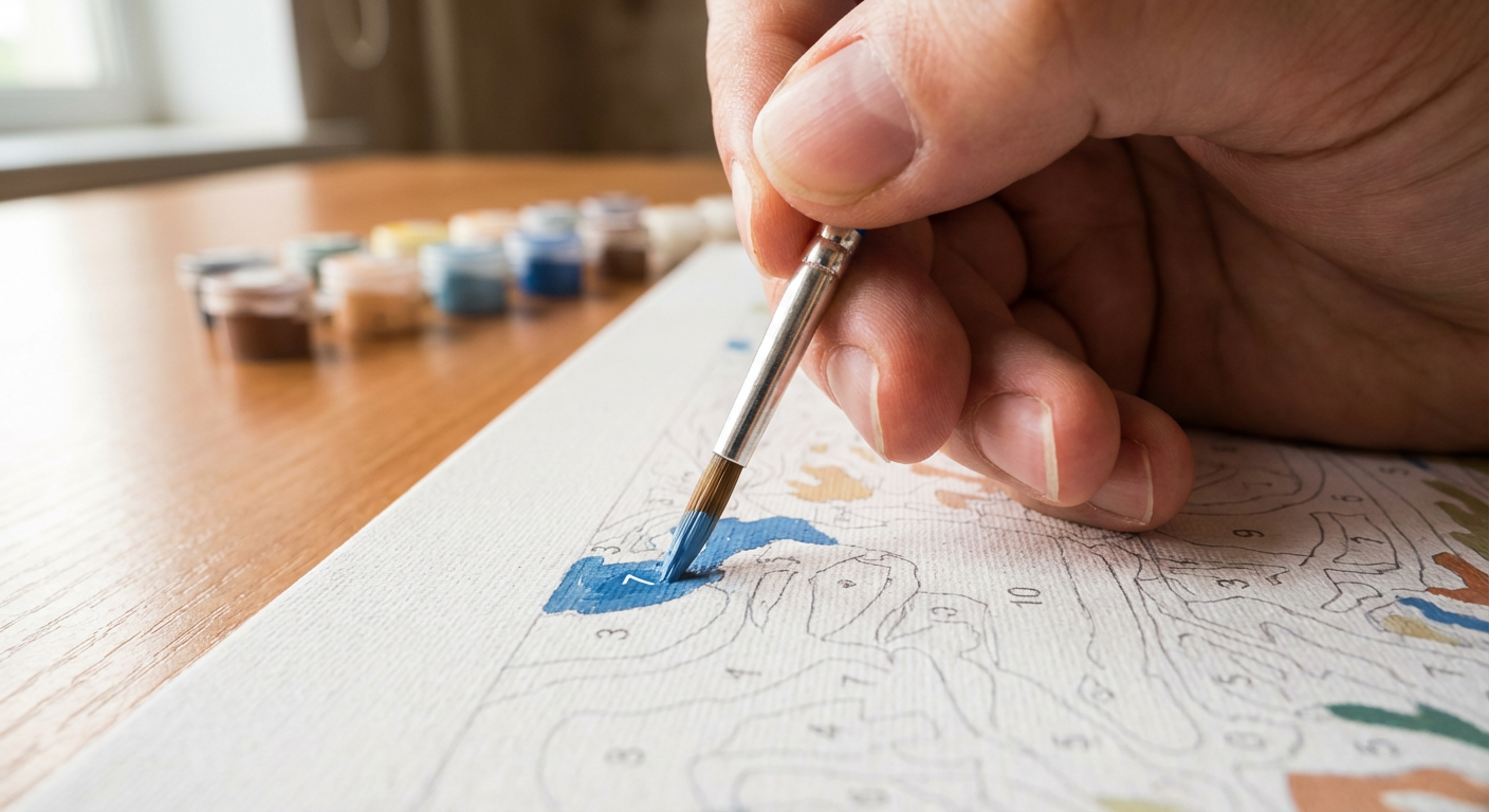 Close-up of paint brush applying color to numbered section on custom paint by numbers canvas