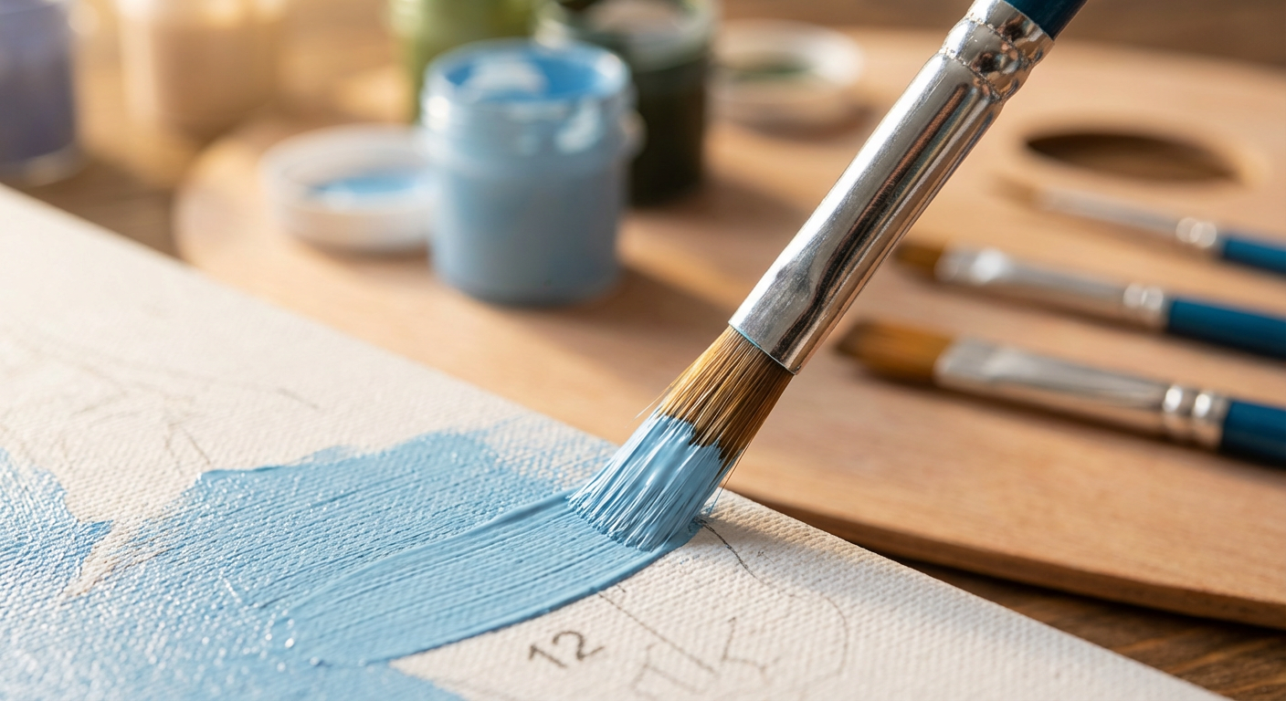 Close up of applying acrylic paint to a numbered canvas section