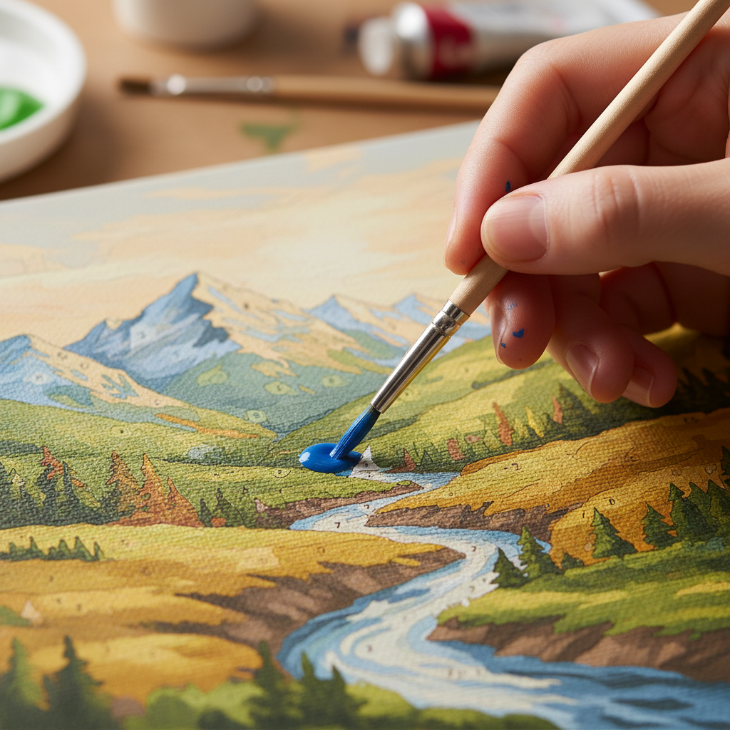 Detailaufnahme eines Pinsels, der ein nummeriertes Feld auf einer Leinwand ausfüllt