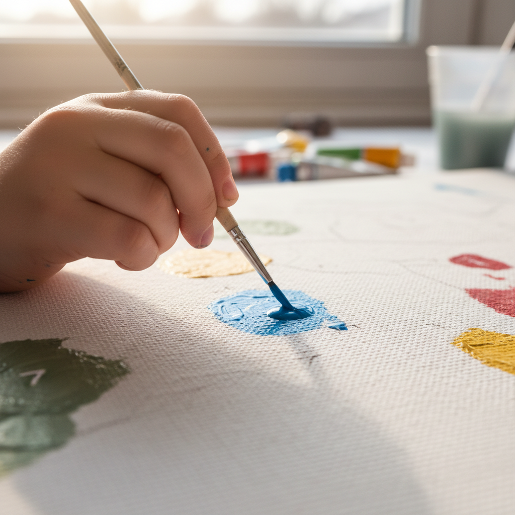 Close up detail of painting a paint by numbers canvas with acrylics