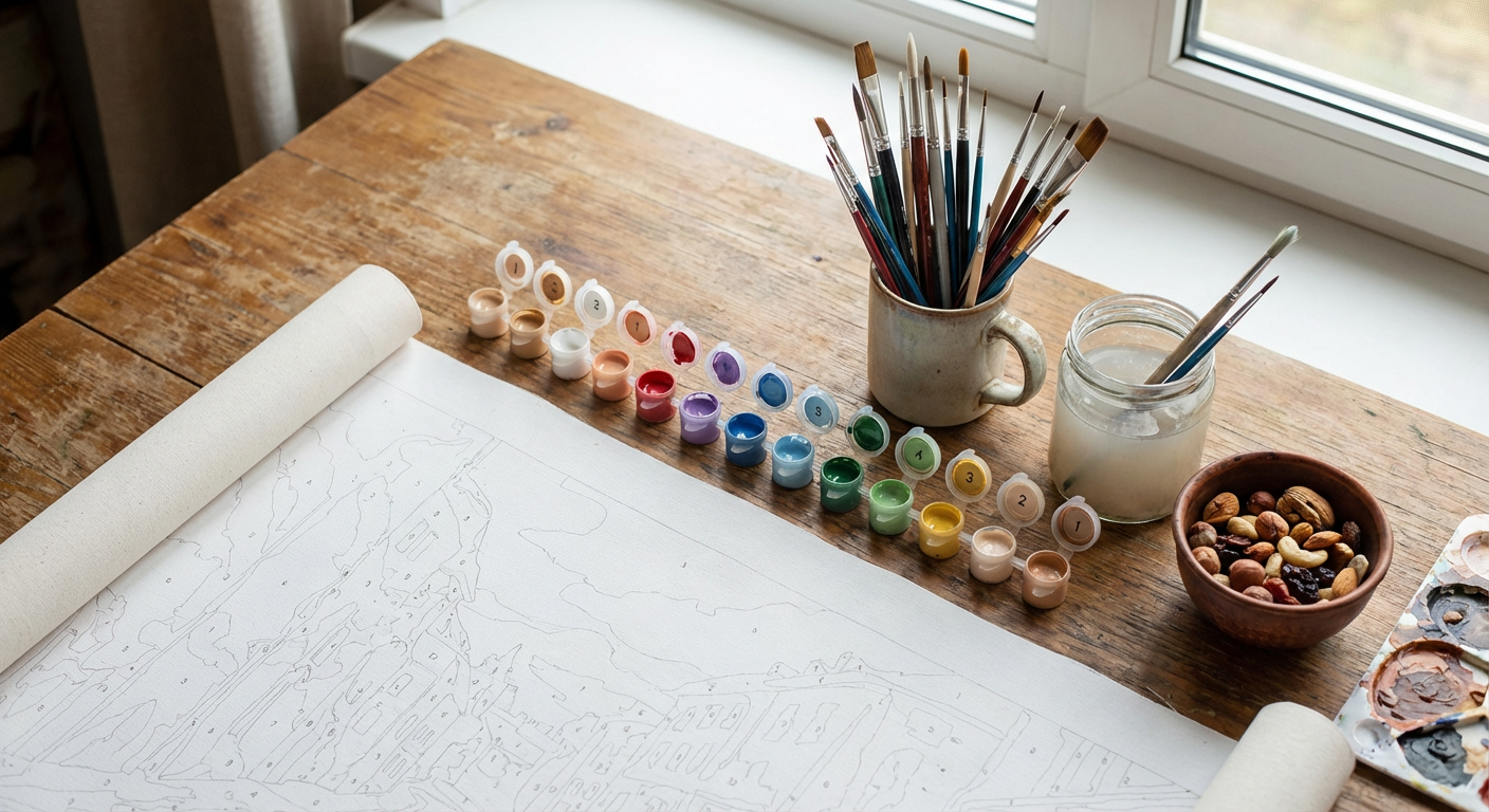 Organized paint by numbers workspace with supplies ready