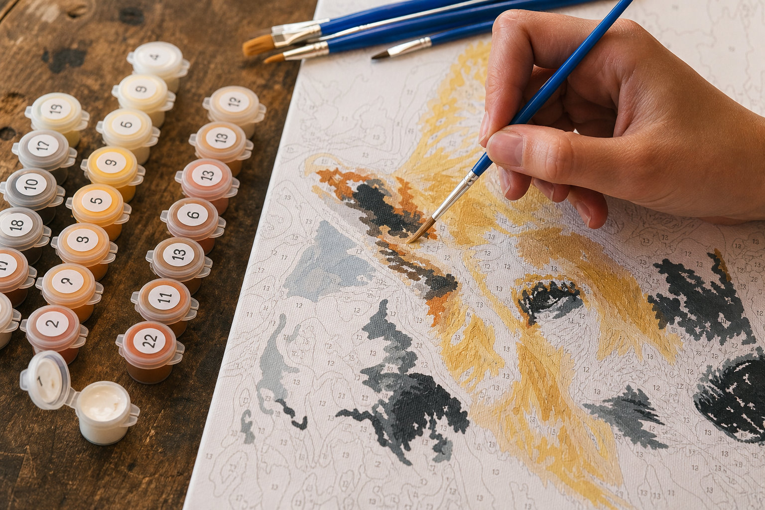 Close-up of hands painting a custom paint by numbers canvas with acrylic paints and brushes on a rustic wooden table