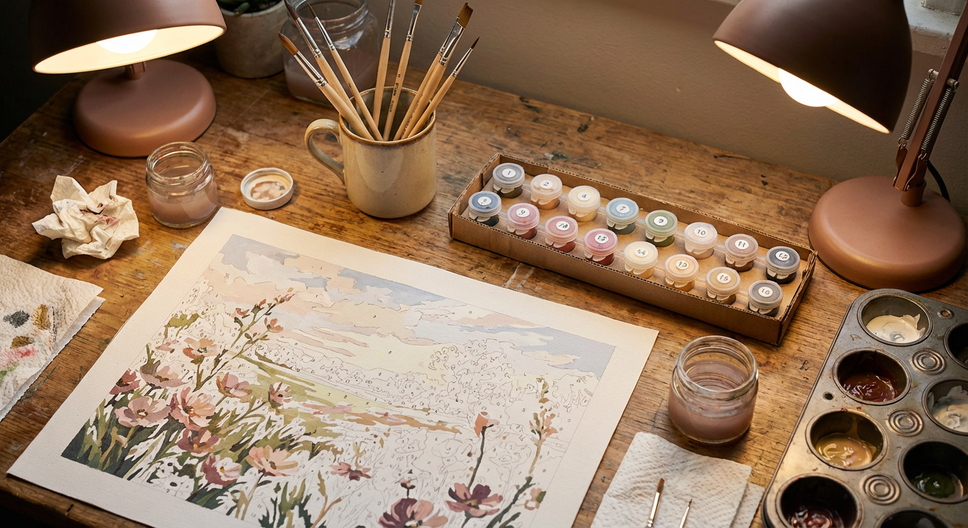 Organized paint by numbers workspace showing proper paint storage and brush care techniques for budget-conscious artists