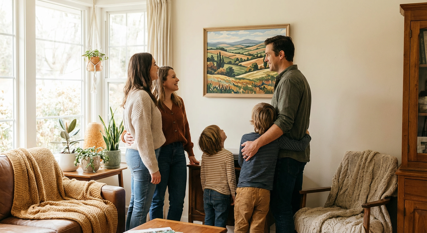 Finished paint by numbers artwork displayed on wall with proud family viewing their completed project
