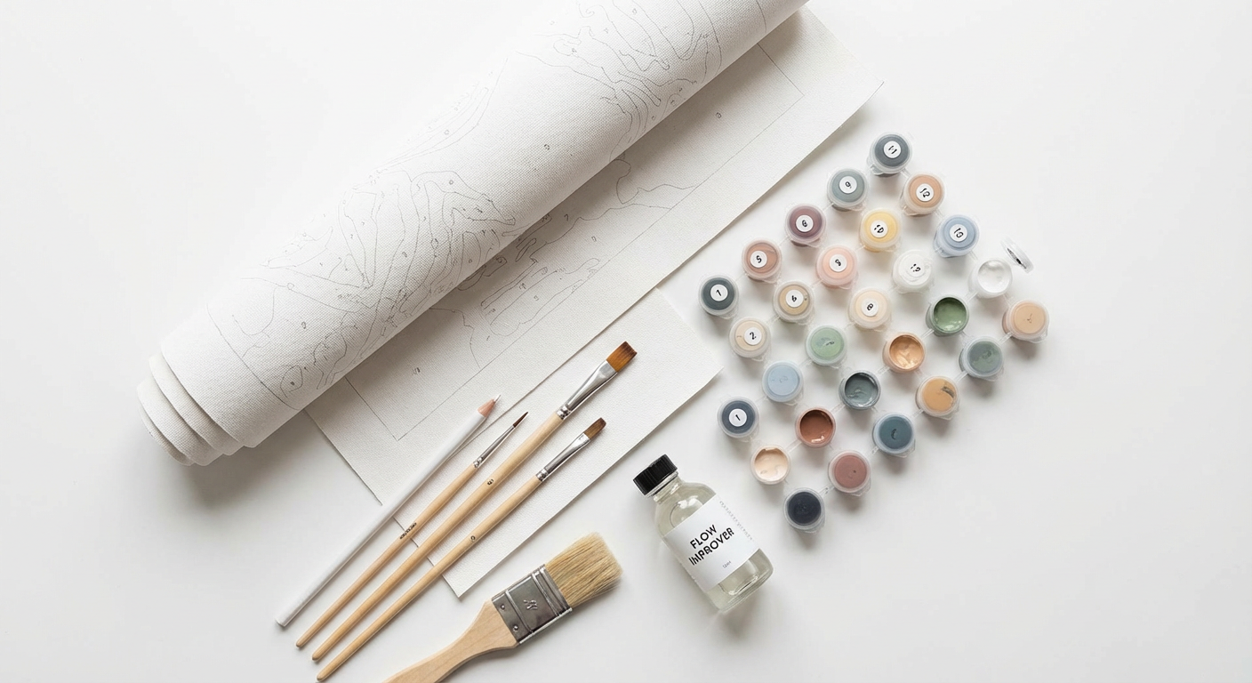Flat lay of essential paint by numbers supplies including canvas, paints, and brushes