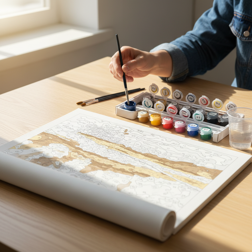 Een premium schilderen-op-nummer pakket en beschermende koker op een bureau