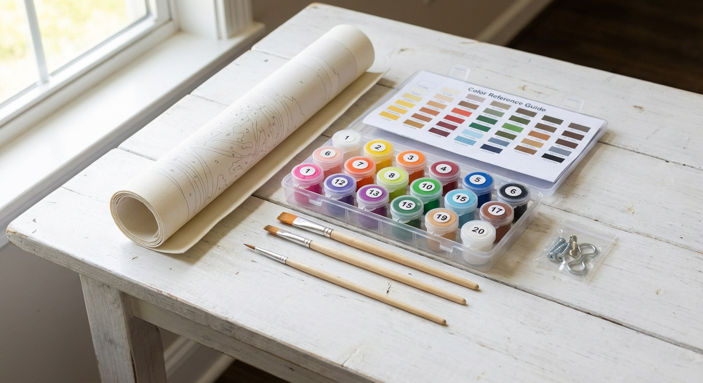 Complete custom paint by numbers kit components laid out including canvas, paints, brushes and reference sheet