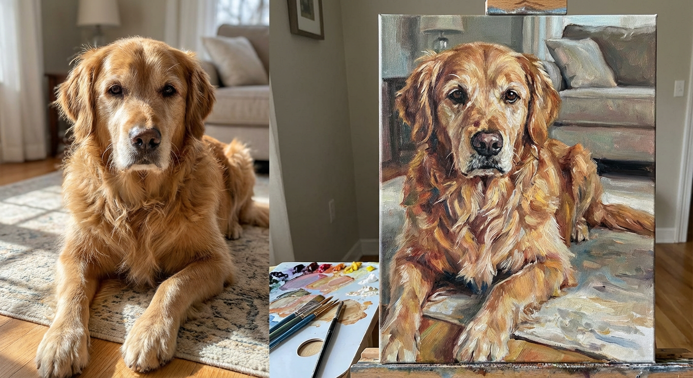 Comparison between an original photo and a completed custom paint by numbers canvas