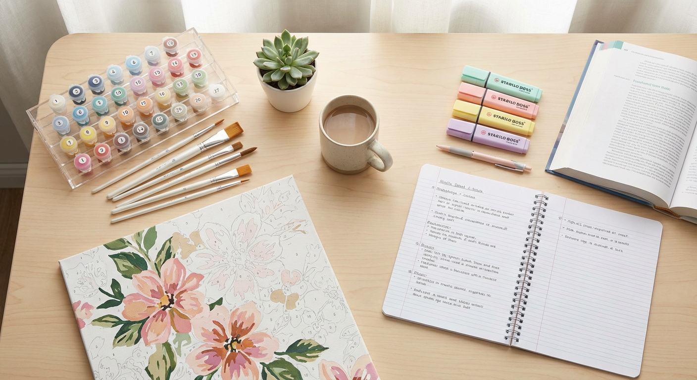 Organized study desk featuring paint by numbers supplies alongside academic materials